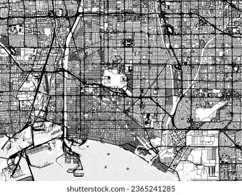 Greyscale vector city map of Long Beach California in the United States of America with with water, fields and parks, and roads on a white background.