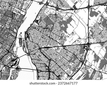 Greyscale vector city map of Lonqueuil Quebec in Canada with with water, fields and parks, and roads on a white background.