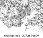 Greyscale vector city map of Lorient in France with with water, fields and parks, and roads on a white background.