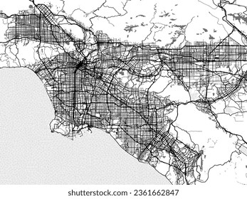 Mapa de ciudades vectoriales de escala griega de Los Angeles California en Estados Unidos de América con agua, campos y parques, y carreteras en un fondo blanco.