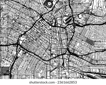 Greyscale vector city map of Los Angelos Center California in the United States of America with with water, fields and parks, and roads on a white background.