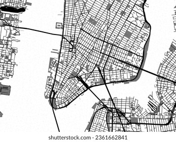 Greyscale vector city map of Lower Manhattan New York in the United States of America with with water, fields and parks, and roads on a white background.