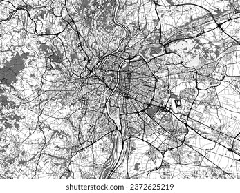 Greyscale vector city map of Lyon Metropole in France with with water, fields and parks, and roads on a white background.