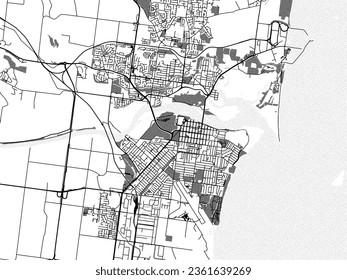 Greyscale vector city map of Mackay in Australia with with water, fields and parks, and roads on a white background.