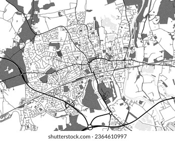 Greyscale vector city map of Maidenhead in the United Kingdom with with water, fields and parks, and roads on a white background.