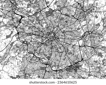 Greyscale vector city map of Manchester in the United Kingdom with with water, fields and parks, and roads on a white background.