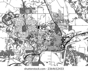 Greyscale vector city map of Manhattan Kansas in the United States of America with with water, fields and parks, and roads on a white background.