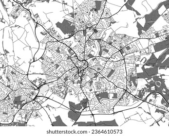 Greyscale vector city map of Mansfield in the United Kingdom with with water, fields and parks, and roads on a white background.
