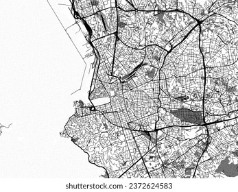 Greyscale vector city map of Marseille in France with with water, fields and parks, and roads on a white background.