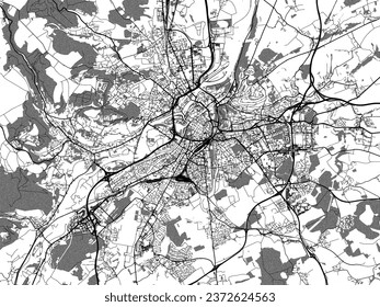 Mapa vectorial de la ciudad de Metz a escala de grises en Francia con agua, campos y parques, y caminos en un fondo blanco.