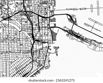 Mapa de ciudades vectoriales a escala de grises del centro de Miami Florida en los Estados Unidos de América con agua, campos y parques, y carreteras en un fondo blanco.