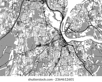 Mapa de ciudades vectoriales a escala de grises de Middletown Connecticut en los Estados Unidos de América con agua, campos y parques, y caminos en un fondo blanco.
