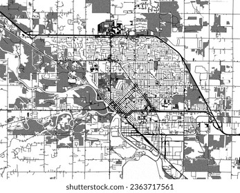 Greyscale vector city map of Midland Michigan in the United States of America with with water, fields and parks, and roads on a white background.