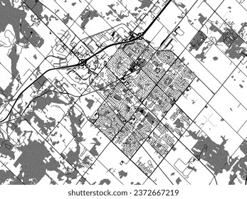 Greyscale vector city map of Milton Ontario in Canada with with water, fields and parks, and roads on a white background.