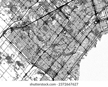 Mapa de la ciudad vectorial a escala de grises de Mississauga Ontario en Canadá con agua, campos y parques, y carreteras en un fondo blanco.