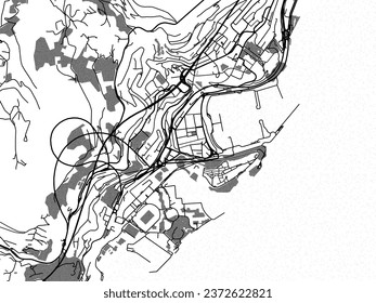 Greyscale vector city map of Monaco in France with with water, fields and parks, and roads on a white background.