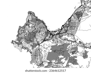 Greyscale vector city map of Monterey California in the United States of America with with water, fields and parks, and roads on a white background.