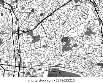 Greyscale vector city map of Montreuil in France with with water, fields and parks, and roads on a white background.