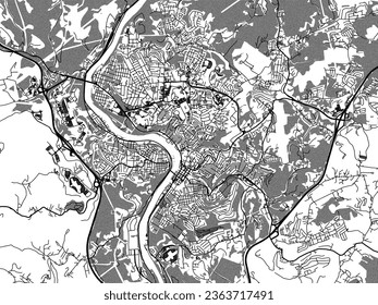 Graustufen-Vektorgrafik von Morgantown West Virginia in den Vereinigten Staaten von Amerika mit Wasser, Feldern und Parks und Straßen auf weißem Hintergrund.