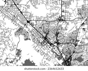 Greyscale vector city map of Murrieta California in the United States of America with with water, fields and parks, and roads on a white background.