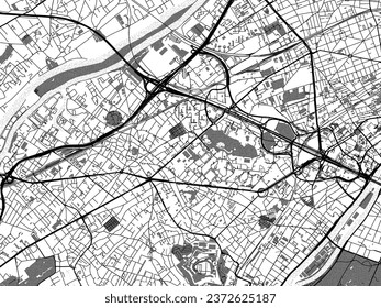 Mapa vectorial de la ciudad de Nanterre en Francia con agua, campos y parques, y caminos en un fondo blanco.