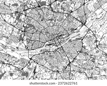 Greyscale vector city map of Nantes in France with with water, fields and parks, and roads on a white background.