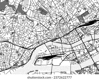 Greyscale vector city map of Nantes Centre in France with with water, fields and parks, and roads on a white background.