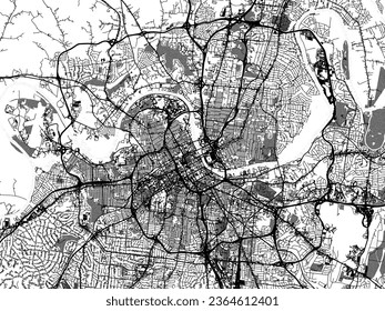 Mapa vectorial de la ciudad de Nashville Tennessee en los Estados Unidos de América con agua, campos y parques, y carreteras en un fondo blanco.