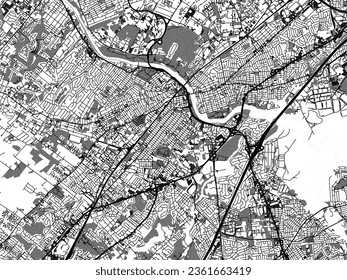 Greyscale vector city map of New Brunswick New Jersey in the United States of America with with water, fields and parks, and roads on a white background.