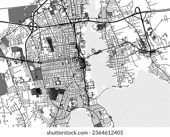 Greyscale vector city map of New Bedford Massachusetts in the United States of America with with water, fields and parks, and roads on a white background.
