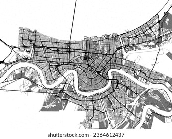 Greyscale vector city map of New Orleans Louisiana in the United States of America with with water, fields and parks, and roads on a white background.