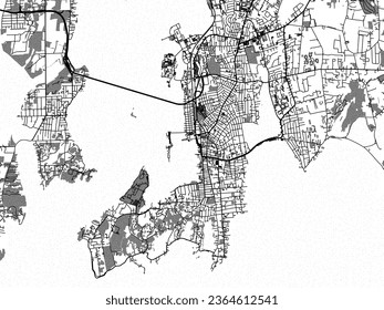 Mapa de la ciudad vectorial de escala griega de la nueva isla Port Rhode en los Estados Unidos de América con agua, campos y parques, y carreteras en un fondo blanco.