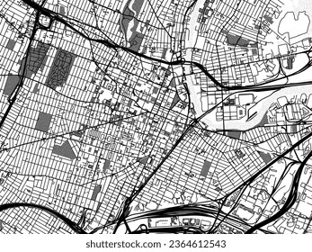 Greyscale vector city map of Newark New Jersey in the United States of America with with water, fields and parks, and roads on a white background.