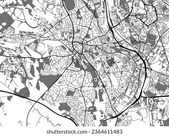 Greyscale vector city map of Newcastle-under-Lyme in the United Kingdom with with water, fields and parks, and roads on a white background.