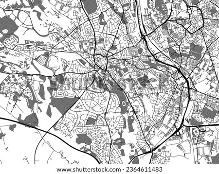 Greyscale vector city map of Newcastle-under-Lyme in the United Kingdom with with water, fields and parks, and roads on a white background.