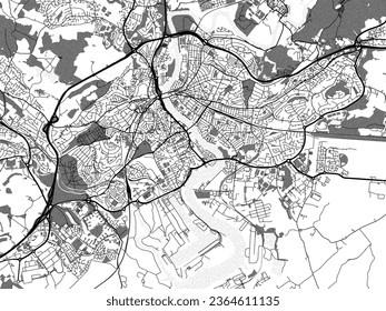 Greyscale vector city map of Newport in the United Kingdom with with water, fields and parks, and roads on a white background.