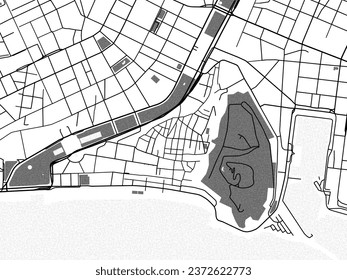 Greyscale vector city map of Nice Centre in France with with water, fields and parks, and roads on a white background.