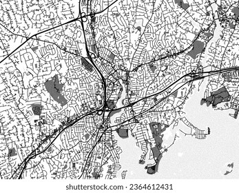 Greyscale vector city map of Norwalk Connecticut in the United States of America with with water, fields and parks, and roads on a white background.