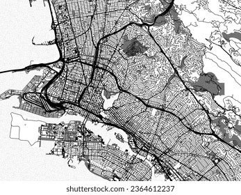 Greyscale vector city map of Oakland California in the United States of America with with water, fields and parks, and roads on a white background.