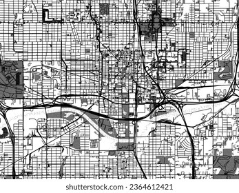 Greyscale vector city map of Oklahoma City Center Oklahoma in the United States of America with with water, fields and parks, and roads on a white background.