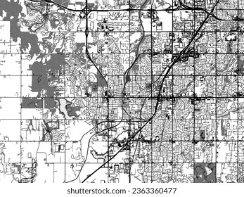 Mapa de ciudades vectoriales de escala griega de Olathe Kansas en los Estados Unidos de América con agua, campos y parques, y carreteras en un fondo blanco.