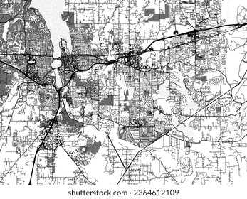 Graustufen-Vektorgrafik von Olympia Washington in den Vereinigten Staaten von Amerika mit Wasser, Feldern und Parks und Straßen auf weißem Hintergrund.