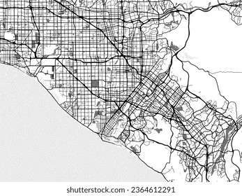 Greyscale vector city map of Orange County California in the United States of America with with water, fields and parks, and roads on a white background.