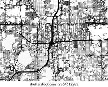 Greyscale vector city map of Orlando Florida in the United States of America with with water, fields and parks, and roads on a white background.