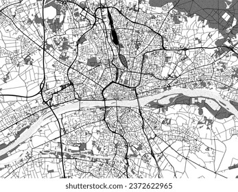 Greyscale vector city map of Orleans in France with with water, fields and parks, and roads on a white background.