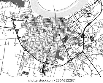 Greyscale vector city map of Owensboro Kentucky in the United States of America with with water, fields and parks, and roads on a white background.