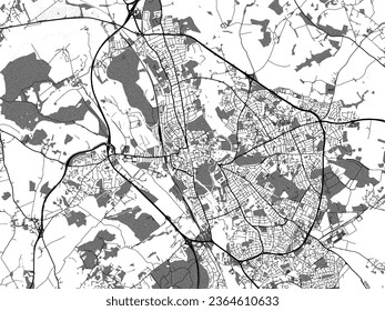 Greyscale vector city map of Oxford in the United Kingdom with with water, fields and parks, and roads on a white background.