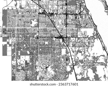 Greyscale vector city map of Palm Bay Florida in the United States of America with with water, fields and parks, and roads on a white background.