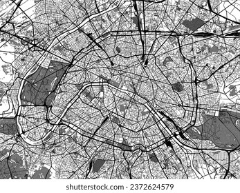 Graustufen-Vektorgrafik von Paris in Frankreich mit Wasser, Feldern und Parks und Straßen auf weißem Hintergrund.