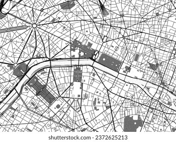 Greyscale vector city map of Paris Centre in France with with water, fields and parks, and roads on a white background.
